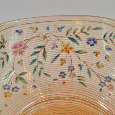 LOT 43: Antique Hand Painted Threaded Uranium Glass Bowl-Bridal Basket Meriden B Silverplate Floral Stand