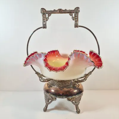 LOT 39: Antique Bride's Basket with Uranium Glass Bowl on Silverplate Stand