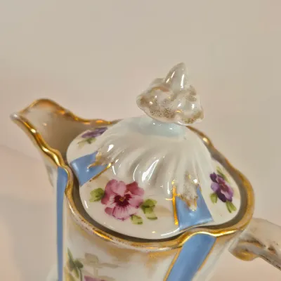 LOT 48: Vintage Porcelain Chocolate Pots & 3-Tier Stand with Hand Painted Platters by Noritake & Limoges France