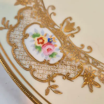 LOT 48: Vintage Porcelain Chocolate Pots & 3-Tier Stand with Hand Painted Platters by Noritake & Limoges France