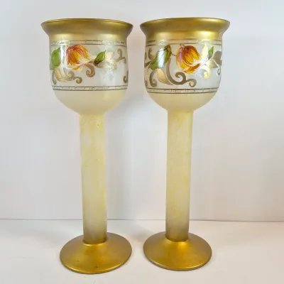 LOT 112: Vintage Hand Blown Gipar-Italy Pedestal Candle Holders with Matching Console Bowl-Signed