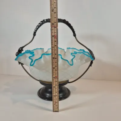 LOT 32: Antique Bride's Basket with Diamond Patterned Glass Bowl in Pairpoint Silverplate Pedestal