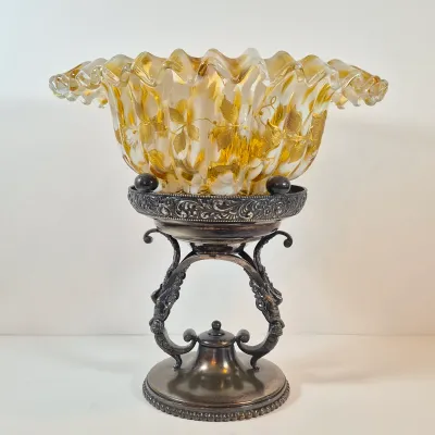 LOT 35: Antique Hand Painted Bride's Bowl on Wilcox Silverplate Stand with Cherubs