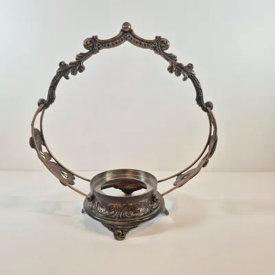 LOT 37: Antique Bride's Basket with Hand Painted Bowl in Cherry Handled Pairpoint Silverplate Basket