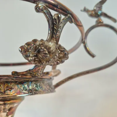 LOT 54: Victorian Bride's Bowl with Pink & White Crimped Bowl on Bird-Handled Silverplate Pedestal