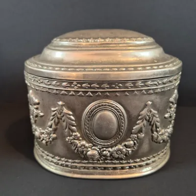 LOT 114: Vintage Glass Pedestal with Metal Flower Fog & Metal Vanity Box Casket with Red Velvet Lining