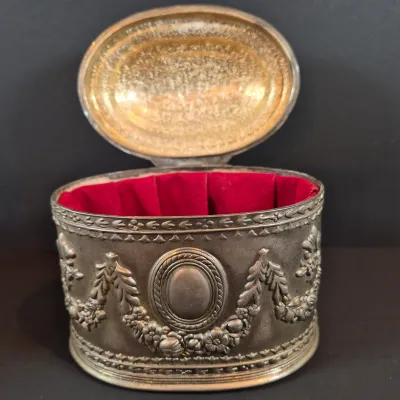 LOT 114: Vintage Glass Pedestal with Metal Flower Fog & Metal Vanity Box Casket with Red Velvet Lining