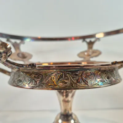 LOT 54: Victorian Bride's Bowl with Pink & White Crimped Bowl on Bird-Handled Silverplate Pedestal