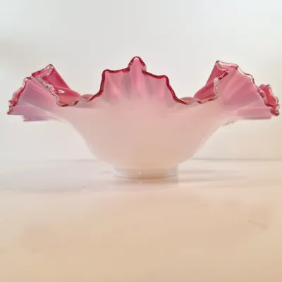 LOT 51: Antique Bride's Bowl with Pink & White Ruffled Bowl on Ornate Floral Silverplate Base by Middletown Co