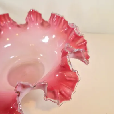 LOT 54: Victorian Bride's Bowl with Pink & White Crimped Bowl on Bird-Handled Silverplate Pedestal