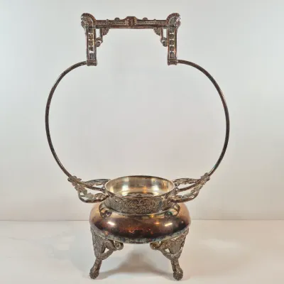LOT 39: Antique Bride's Basket with Uranium Glass Bowl on Silverplate Stand