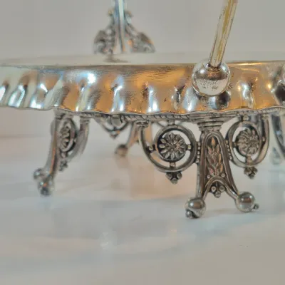LOT 43: Antique Hand Painted Threaded Uranium Glass Bowl-Bridal Basket Meriden B Silverplate Floral Stand