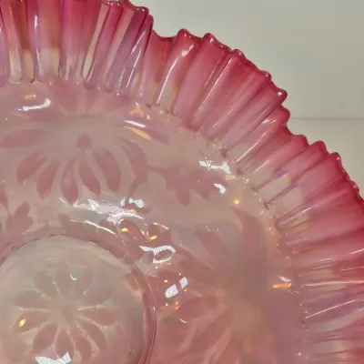 LOT 34: Victorian Bride's Basket with Cranberry Opalescent Poinsettia Glass on Silverplate Base