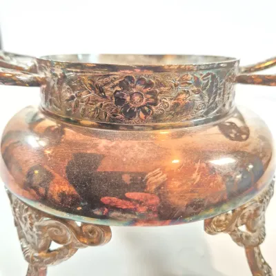 LOT 39: Antique Bride's Basket with Uranium Glass Bowl on Silverplate Stand