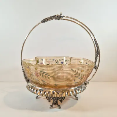 LOT 43: Antique Hand Painted Threaded Uranium Glass Bowl-Bridal Basket Meriden B Silverplate Floral Stand