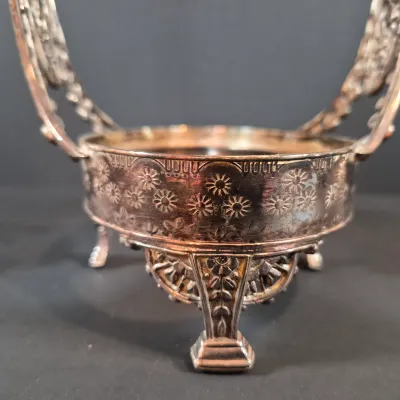 LOT 115: Antique Bride's Basket with Shell & Tassel Glass Bowl in Ornate Pickle Castor Style Basket with Sterling Silver Fork