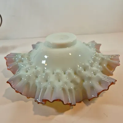LOT 49: Victorian Bride's Bowl with Uranium Glass Crimped Bowl in Homan Silverplate Base