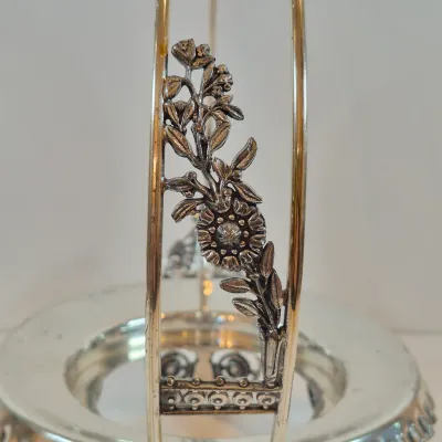 LOT 43: Antique Hand Painted Threaded Uranium Glass Bowl-Bridal Basket Meriden B Silverplate Floral Stand