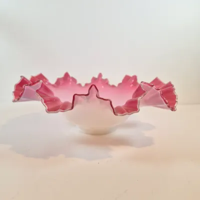 LOT 51: Antique Bride's Bowl with Pink & White Ruffled Bowl on Ornate Floral Silverplate Base by Middletown Co