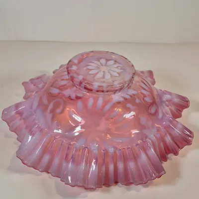 LOT 34: Victorian Bride's Basket with Cranberry Opalescent Poinsettia Glass on Silverplate Base