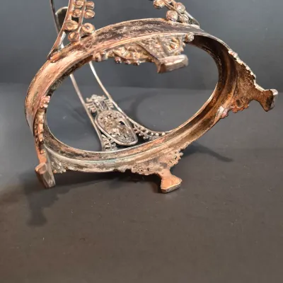 LOT 115: Antique Bride's Basket with Shell & Tassel Glass Bowl in Ornate Pickle Castor Style Basket with Sterling Silver Fork