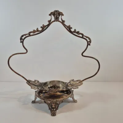 LOT 49: Victorian Bride's Bowl with Uranium Glass Crimped Bowl in Homan Silverplate Base
