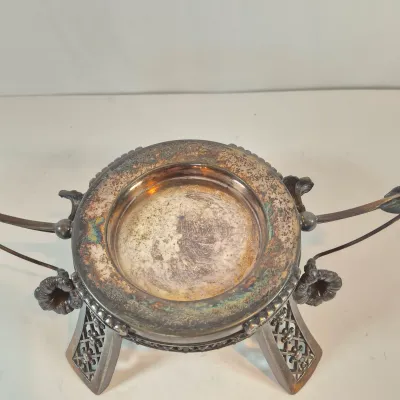 LOT 51: Antique Bride's Bowl with Pink & White Ruffled Bowl on Ornate Floral Silverplate Base by Middletown Co
