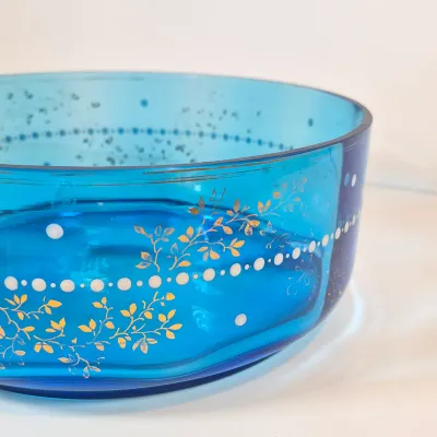 LOT 33: Antique Hand Painted Blue Glass Bowl on Ornate Silverplate Basket Stand from James W, Tufts