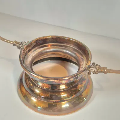 LOT 34: Victorian Bride's Basket with Cranberry Opalescent Poinsettia Glass on Silverplate Base