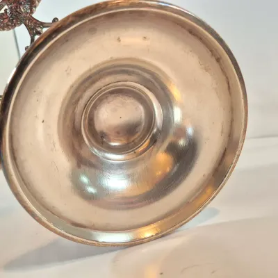 LOT 54: Victorian Bride's Bowl with Pink & White Crimped Bowl on Bird-Handled Silverplate Pedestal