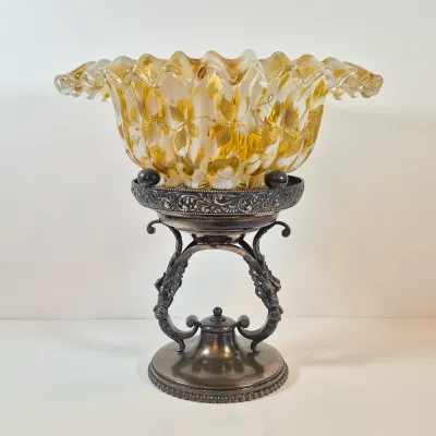LOT 35: Antique Hand Painted Bride's Bowl on Wilcox Silverplate Stand with Cherubs