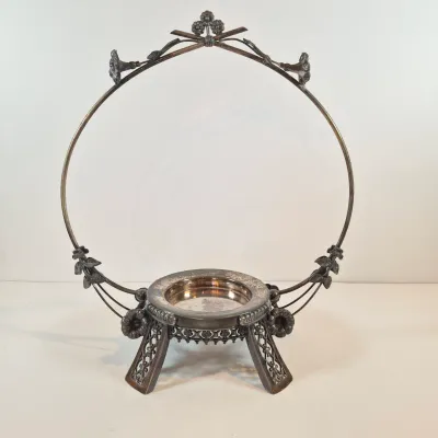 LOT 51: Antique Bride's Bowl with Pink & White Ruffled Bowl on Ornate Floral Silverplate Base by Middletown Co