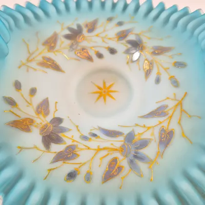 LOT 37: Antique Bride's Basket with Hand Painted Bowl in Cherry Handled Pairpoint Silverplate Basket