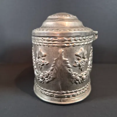 LOT 114: Vintage Glass Pedestal with Metal Flower Fog & Metal Vanity Box Casket with Red Velvet Lining