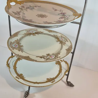 LOT 48: Vintage Porcelain Chocolate Pots & 3-Tier Stand with Hand Painted Platters by Noritake & Limoges France