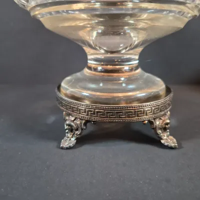 LOT 114: Vintage Glass Pedestal with Metal Flower Fog & Metal Vanity Box Casket with Red Velvet Lining