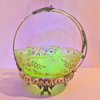 LOT 43: Antique Hand Painted Threaded Uranium Glass Bowl-Bridal Basket Meriden B Silverplate Floral Stand