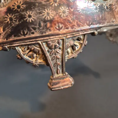 LOT 115: Antique Bride's Basket with Shell & Tassel Glass Bowl in Ornate Pickle Castor Style Basket with Sterling Silver Fork
