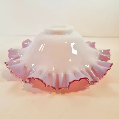 LOT 51: Antique Bride's Bowl with Pink & White Ruffled Bowl on Ornate Floral Silverplate Base by Middletown Co