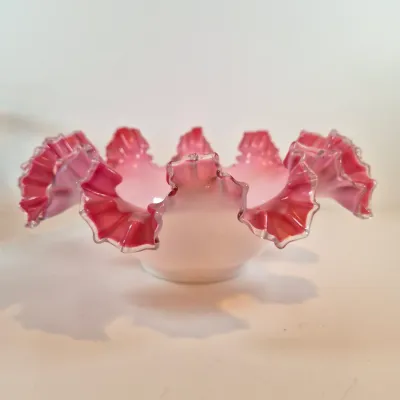 LOT 54: Victorian Bride's Bowl with Pink & White Crimped Bowl on Bird-Handled Silverplate Pedestal