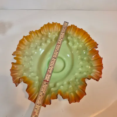 LOT 49: Victorian Bride's Bowl with Uranium Glass Crimped Bowl in Homan Silverplate Base