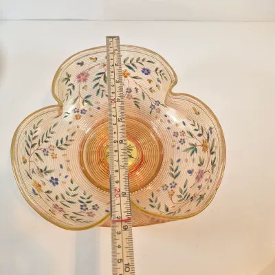 LOT 43: Antique Hand Painted Threaded Uranium Glass Bowl-Bridal Basket Meriden B Silverplate Floral Stand