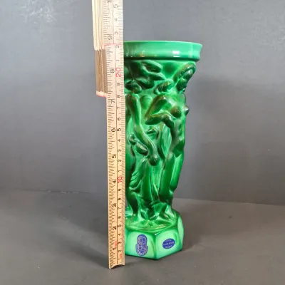 LOT 120: Bohemian Malachite Glass Figural Nudes Vase