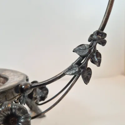 LOT 51: Antique Bride's Bowl with Pink & White Ruffled Bowl on Ornate Floral Silverplate Base by Middletown Co
