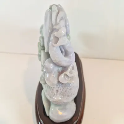 LOT 44: Vintage Lavendar & Pale Green Jadeite Jade Carved Dragon Statue with COA