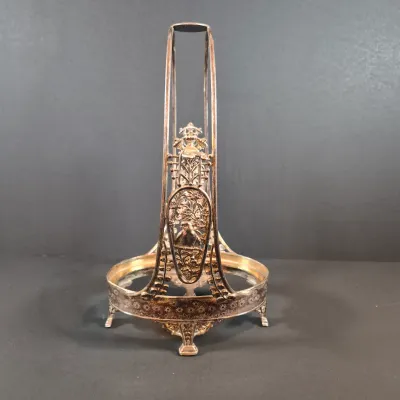 LOT 115: Antique Bride's Basket with Shell & Tassel Glass Bowl in Ornate Pickle Castor Style Basket with Sterling Silver Fork