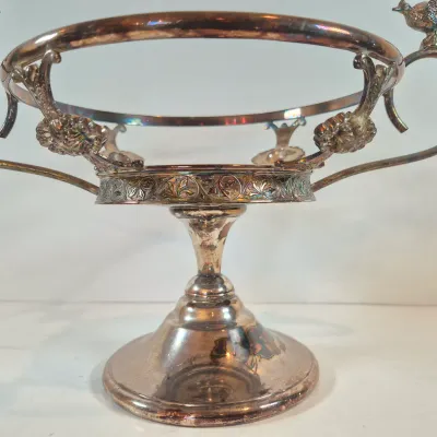 LOT 54: Victorian Bride's Bowl with Pink & White Crimped Bowl on Bird-Handled Silverplate Pedestal