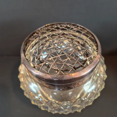 LOT 114: Vintage Glass Pedestal with Metal Flower Fog & Metal Vanity Box Casket with Red Velvet Lining