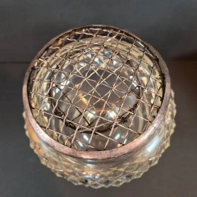 LOT 114: Vintage Glass Pedestal with Metal Flower Fog & Metal Vanity Box Casket with Red Velvet Lining