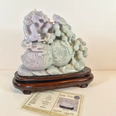 LOT 44: Vintage Lavendar & Pale Green Jadeite Jade Carved Dragon Statue with COA